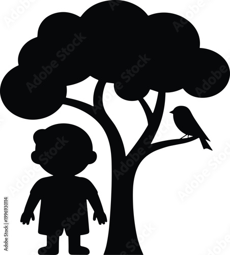Black silhouette of child standing beside tree with bird on branch vector illustration EPS PNG file
