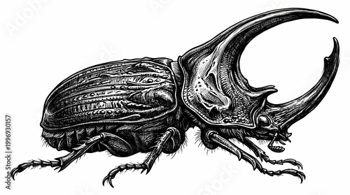 rhinoceros beetle, insect, black and white