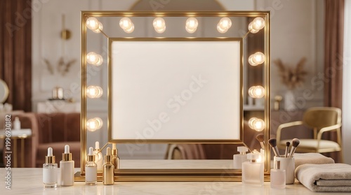 A serene dressing room scene with a large mirror surrounded by lights, various beauty products, and a towel on a table.