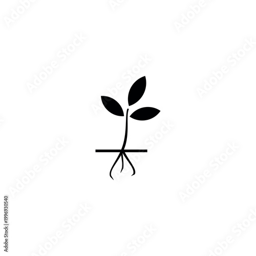 Manually drawn vector illustration of young plant with roots in soil. Handcrafted linear symbol representing botanical growth organic seedling and nature development. Isolated on white background.