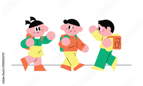 Happy children with backpacks walking to school flat illustration