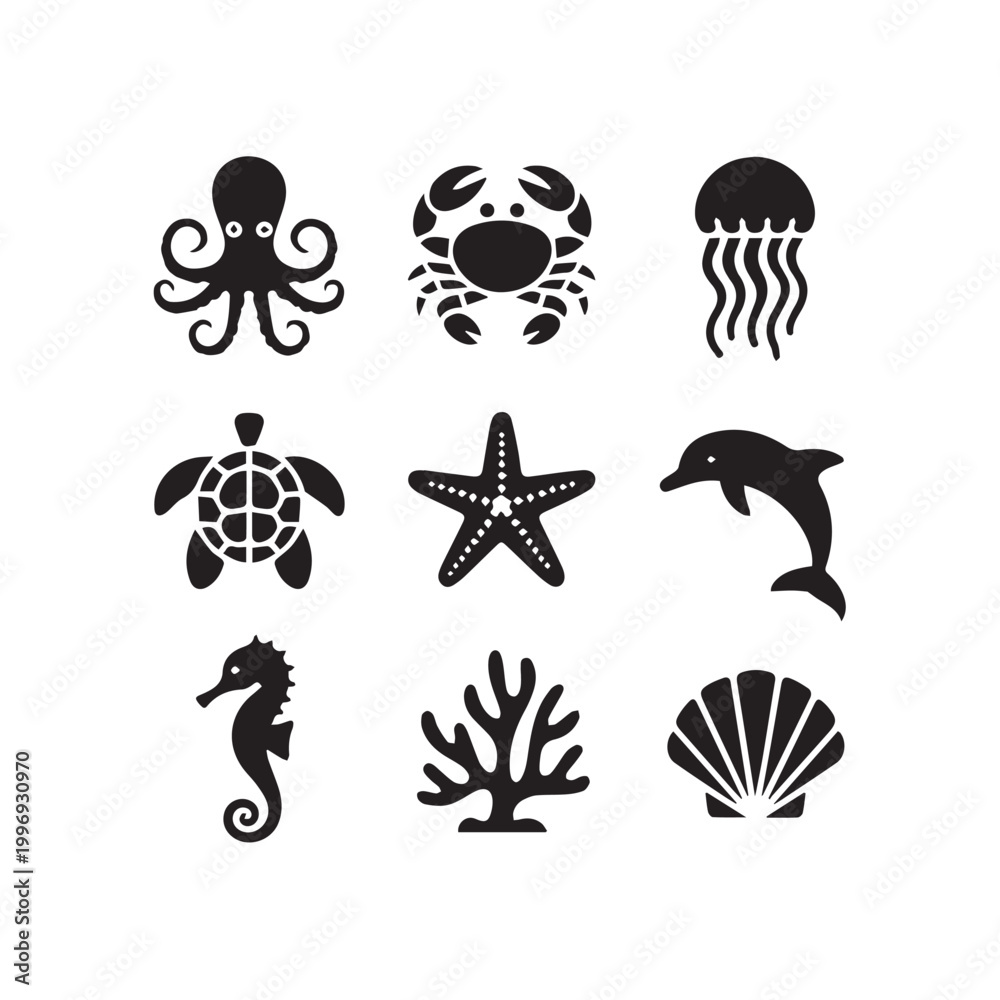 Fototapeta premium collection of black sea creature and marine life icons on white background including octopus crab jellyfish turtle starfish dolphin seahorse coral and shell.