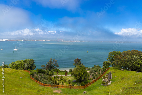 Coastal Bay Overlook Boats Distant Port