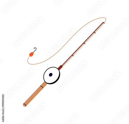 Fishing rod with bobber, hook, line and handle reel. Angling pole for catching fish in water. Fishery tackle. Spinner with fishhook. Fisherman gear. Flat isolated vector illustration on white