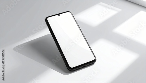 Black smartphone with a blank white screen on a clean white surface, naturally lit by window light and subtle shadows. Perfect for app UI and design mockups