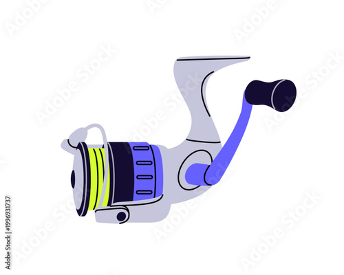 Fishing reel. Item of angling rod with line. Fishery tackle for catching fish with casting and trolling. Angler gear. Fisherman equipment. Flat isolated vector illustration on white background
