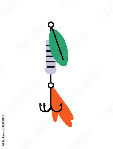 Fishing bait icon. Spoon lure with feather for spinner angling. Fishery tackle with hooks. artificial fly or spinnerbait for catching fish. Flat isolated vector illustration on white background