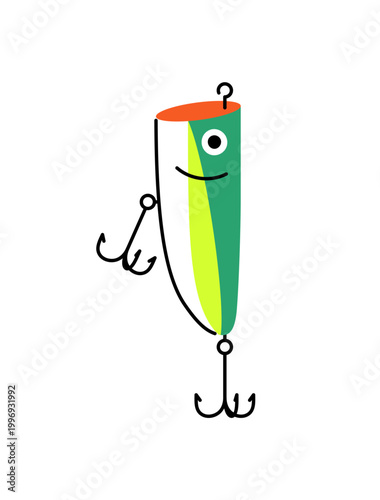 Fishing lure icon. Modern colored bait for catching fish. Angling tackle with hooks. Bright green wobbler with fishhook. Fishery accessory. Flat isolated vector illustration on white background