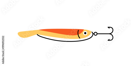 Fishing lure with hook for catching fish with spinner. Colourful bait for angling rod. Fishery tackle. Angler accessory, wobbler with fishhook. Flat isolated vector illustration on white background