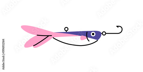 Fishing bait with hook. Metal or rubber lure plug with fishhook for catching fish. Angling rod accessory, wobbler for spinner. Fishery tackle. Flat isolated vector illustration on white background