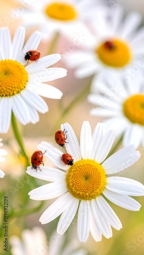 Close-up of delicate white daisies with yellow centers, adorned by tiny red ladybugs. Soft focus on the background