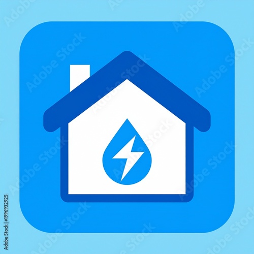 Energy-Efficient Home: A stylized house icon, centrally features a water drop symbol within, overlaid with a lightning bolt, symbolizing sustainable power.