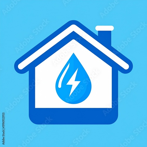 Eco-Friendly Home: An abstract representation of a house featuring a water drop with a lightning bolt, symbolizing eco-friendly energy and a sustainable lifestyle.
