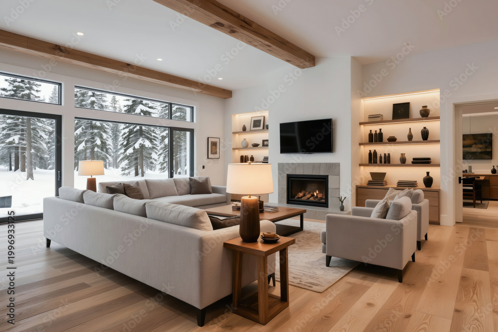 Fototapeta premium Modern living room with fireplace and large windows overlooking a snowy forest. Comfortable sofas and chairs create a warm inviting space. Natural wood flooring and beams add rustic charm.