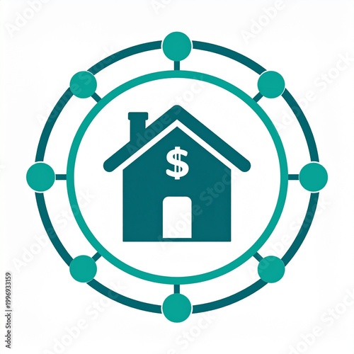 Real Estate Symbol: A minimalist illustration of a house with a dollar sign on its facade, encased within a network of interconnected circles, symbolizing property ownership.