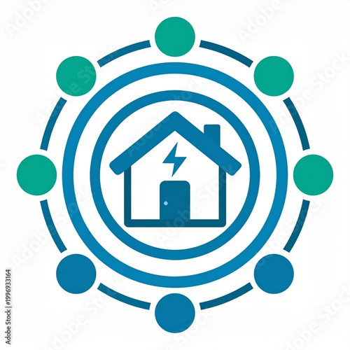Smart Home Energy Icon: A modern illustration of a house icon enclosed within concentric circles and interconnected nodes, representing smart home technology and energy efficiency.