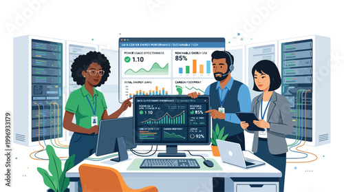 Diverse team of IT workers monitoring data center energy performance and sustainable technology metrics on screens in a modern telecommunication server room