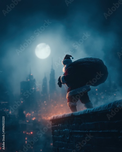 Santa adjusting sack on elegant rooftop at night