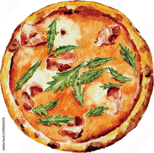Watercolor Illustration of Pizza with Mozzarella on White Background