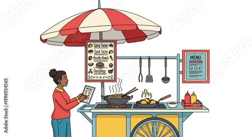 A woman looks at a food cart menu, deciding what to order.