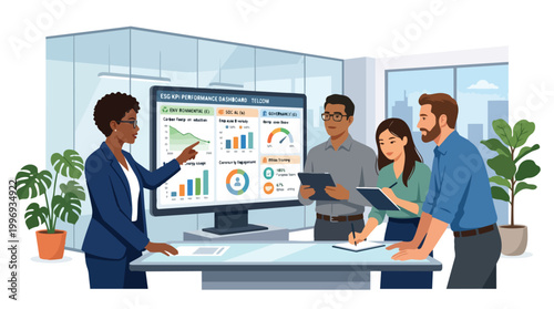 Diverse business workers analyzing ESG KPI performance dashboard for telecommunication company sustainability report in a modern office meeting