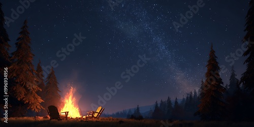 Campfire Under the Stars Night Sky Scene with Forest Background