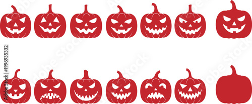 A collection of spooky red jack-o-lanterns with various scary faces on a white background