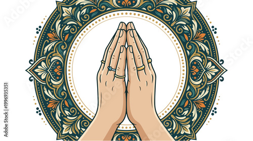 Praying hands framed by an ornate mandala circle convey devotion, spirituality, and peaceful contemplation