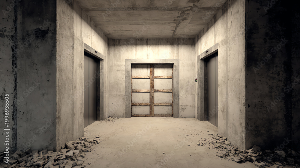Fototapeta premium A dimly lit concrete hallway with elevator doors, showcasing industrial design and an abandoned atmosphere.