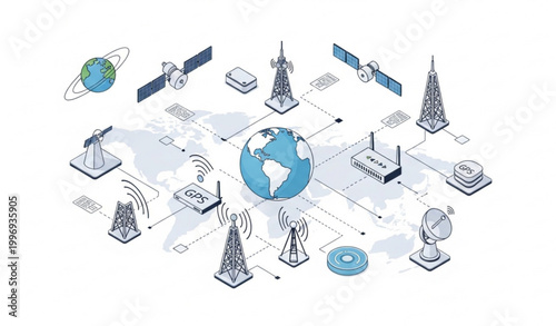 Isometric global communication infographic with satellites towers routers and Earth network system vector isolated on white