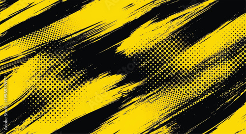 Dynamic yellow and black grunge brush stroke background with halftone texture and motion.