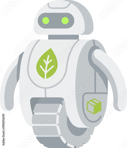 White eco friendly delivery robot with green leaf symbol for sustainable logistics and technology icon