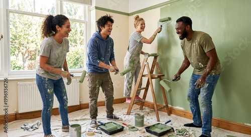 Group of multiethnic friends joyfully painting room wall together.