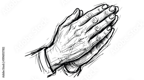 Monochrome sketch of praying hands in quiet devotion with detailed line work and a solemn spiritual mood
