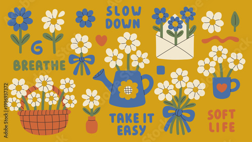 Daisy Flowers Vector Set. Cute hand Drawn Retro Chamomile Clipart collection with watering can basket bouquet bow. Modern Vintage Summer Garden. Flat vector illustration