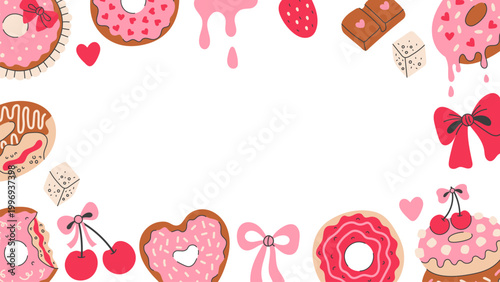 Donut Background 1920x1080. Festive Doughnut Day Background with dripping pink icing sprinkles bows heart cherry sweet food and dessert elements. Vector illustration