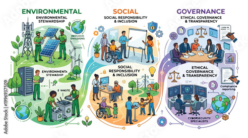 ESG principles illustration showing environmental stewardship, social responsibility, and ethical governance with diverse workers in telecommunication and sustainable practices