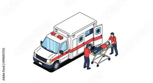 Two paramedics carefully load a patient onto a stretcher next to an open ambulance, illustrating emergency medical services.