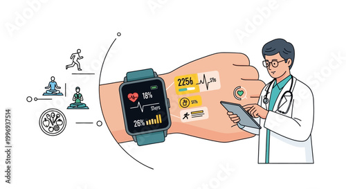 Doctor using a tablet to monitor a patient's vital signs displayed on a smartwatch and skin patches, illustrating remote healthcare and wearable technology.