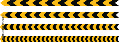 Set of four straight yellow and black construction warning tape ribbons vector illustration for safety boundaries industrial site alerts and danger zone markers.