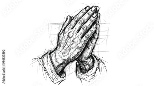 Praying hands sketch in monochrome line art, a reverent devotional depiction of spiritual devotion and contemplation