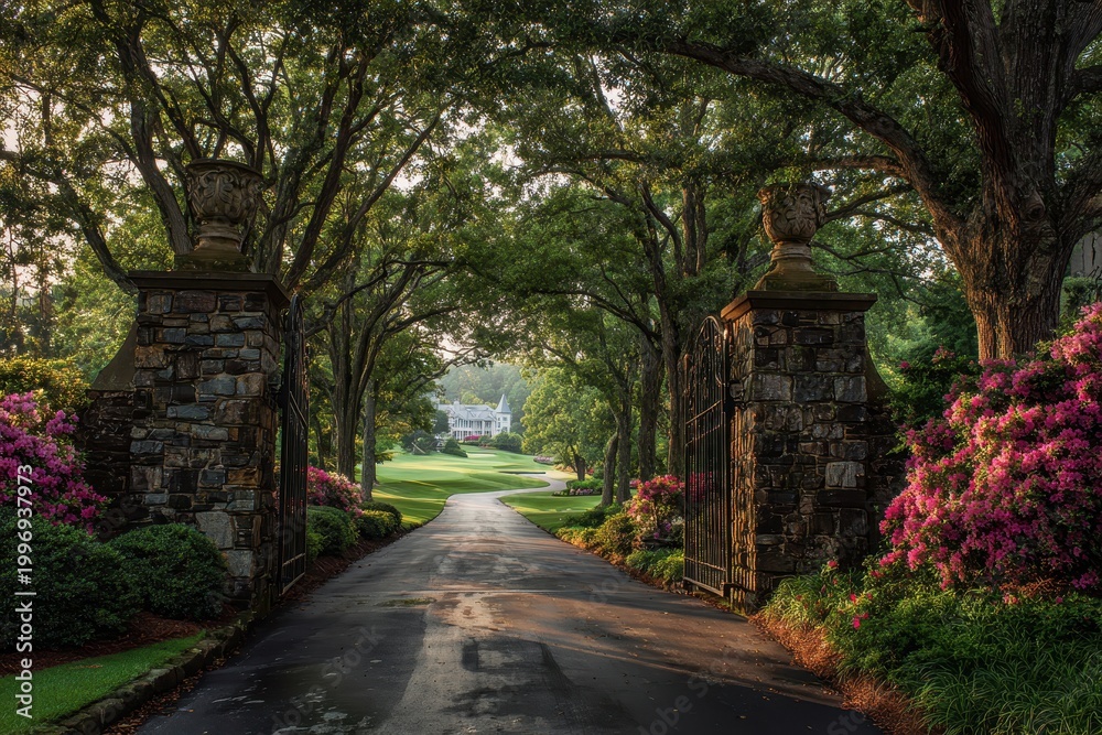Obraz premium Grand stone gate and tree-lined driveway at a renowned golf club preparing for a marquee event