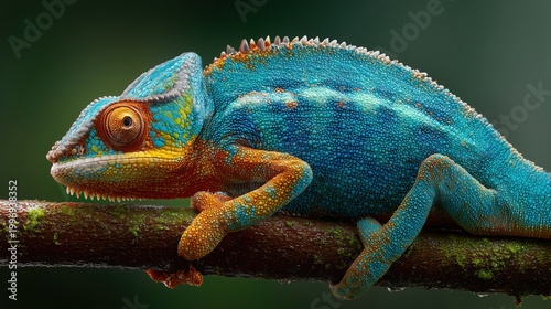 A chameleon with striking orange and yellow features clings to a bark-covered branch in a close-up nature shot.