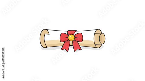 Foto Rolled Parchment Scroll with Red Ribbon Bow and Gold Seal, Modern Flat Vector Icon Illustration with Editable Stroke for Graduation, Diploma, Certificate, and Award Designs on White Background