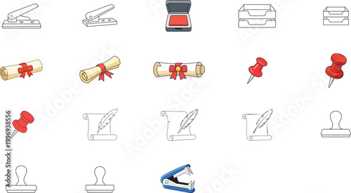18 Office Stationery and Document Vector Icon Collection: Hole Puncher, Parchment Scroll, Diploma, Ink Pad, Letter Tray, Push Pin, Quill Pen, Rubber Stamp, Staple Remover with Editable Stroke.