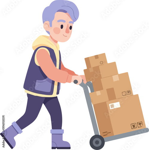 Courier Moving Boxes on Hand Truck Clean Illustration Urban Environment Side View Delivery Concept
