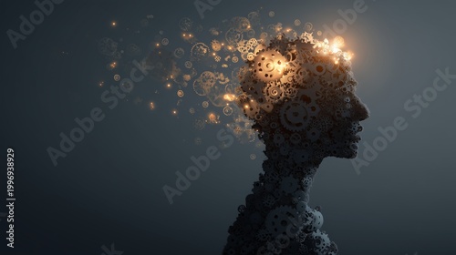 Mind Machine: A mesmerizing, artistic representation of the human mind, sculpted with intricate mechanical gears. Radiating with conceptual brilliance and intellect.