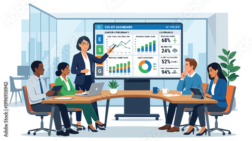 Diverse business professionals collaborating in a modern office meeting, analyzing ESG KPI dashboard data for sustainable corporate performance and strategic growth