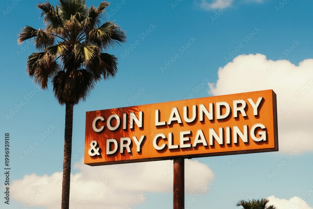 Fototapeta premium Retro orange sign for coin laundry and dry cleaning stands near tall palm tree against blue sky with clouds. Service business signage in vintage style.