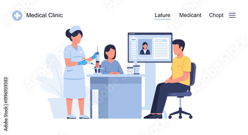 A nurse prepares to administer a vaccine to a patient in a medical clinic setting, with a doctor or administrator visible on a computer screen.